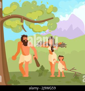 Cavemen che raccolgono illustrazione vettoriale di brushwood Illustrazione Vettoriale