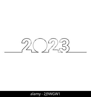 Disegno continuo di una riga di un testo del nuovo anno 2023. Celebrazione Capodanno concetto isolato su sfondo bianco. Illustrazione Vettoriale
