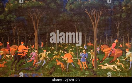 ASHMOLEAN MUSEUM OXFORD INGHILTERRA DIPINGERE LA CACCIA NELLA FORESTA DI PAOLO UCCELLO CIRCA 1470 MOSTRANDO PROSPETTIVA Foto Stock