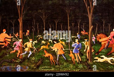 ASHMOLEAN MUSEUM OXFORD INGHILTERRA DIPINGERE LA CACCIA NELLA FORESTA O LA CACCIA DI NOTTE DI PAOLO UCCELLO CIRCA 1470 MOSTRANDO PROSPETTIVA Foto Stock