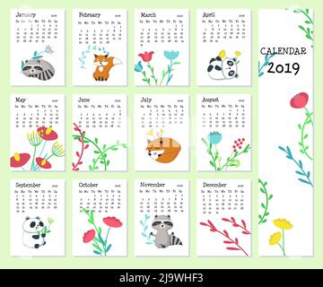 Calendario 2019 modello vettoriale con animali carini Illustrazione Vettoriale