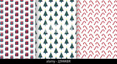 Set di schemi di Natale e Capodanno senza giunture con ornamenti tradizionali. Collezione di sfondi Vector per le vacanze invernali. Per imballaggio, imballaggio Illustrazione Vettoriale