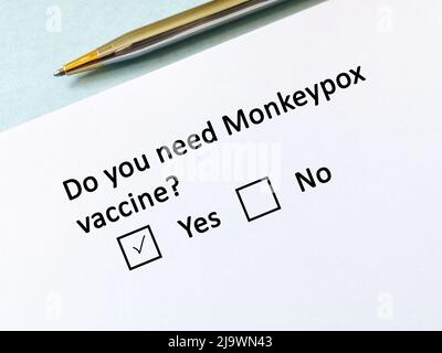 Una persona sta rispondendo alla domanda sull'infezione da Monkeypox. Ha bisogno di vaccino Monkeypox. Foto Stock
