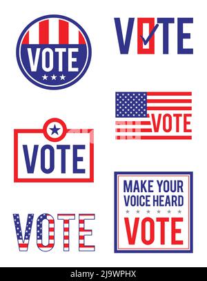 Una serie di icone e badge di VOTO rossi, bianchi e blu per un'illustrazione delle elezioni americane. Illustrazione Vettoriale
