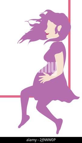 Silhouette rosa di donna incinta che tocca il ventre, seduta in una finestra, sentendo la brezza del vento. Illustrazione Vettoriale