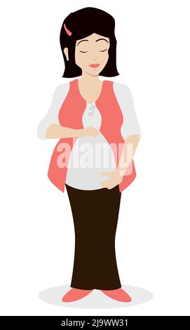 Felice mamma giovane con gesto sereno, in piedi e toccando il suo ventre. Design in stile piatto su sfondo bianco. Illustrazione Vettoriale
