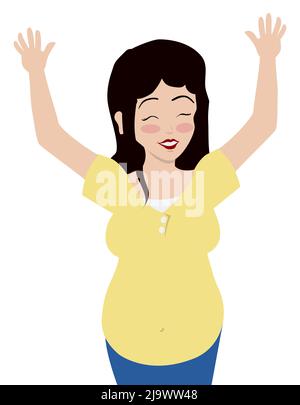 Mamma giovane e felice incinta, con le braccia alte, celebrando la sua maternità e indossando abiti gialli. Design in stile piatto. Illustrazione Vettoriale