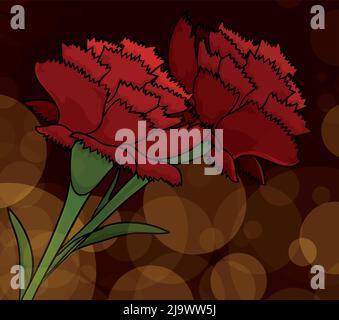 Un paio di garofani rossi su sfondo scuro e luminosi come luci notturne. Illustrazione Vettoriale