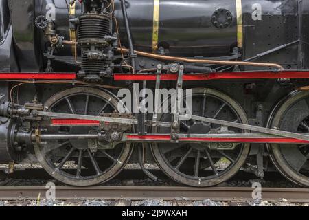 Locomotiva a vapore della Ferrovia Turistica del Reno in primavera. Volgelsheim, Alsazia, Francia. Foto Stock