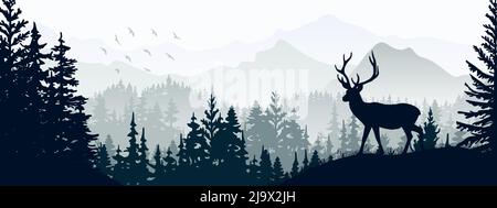 Banner orizzontale. Silhouette di cervo in piedi sul prato in Forrest. Silhouette di animali, alberi, erba. Magico paesaggio, nebbia, montagne. Grigio Illustrazione Vettoriale