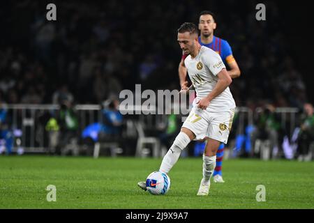 Sydney Olympic Park, Australia. 25th maggio 2022. Reno Piscopo della squadra di A-League All Stars in azione durante la partita tra il FC Barcelona e L'A-League All Stars all'Accor Stadium. (Punteggio finale; FC Barcellona 3:2 A-leghe tutte le Stelle). (Foto di Luis Veniegra/SOPA Images/Sipa USA) Credit: Sipa USA/Alamy Live News Foto Stock