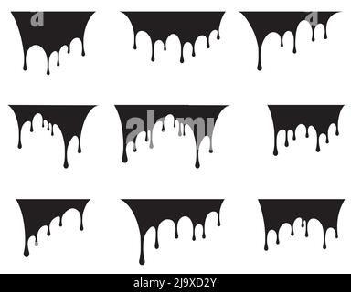 Set di nove gocce di vernice nera fusa, gocciolante o liquida. Illustrazione vettoriale per il vostro disegno. Illustrazione Vettoriale