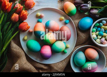 Assortimento di uova di pasqua dai colori vivaci circondati da tulipani. Foto Stock