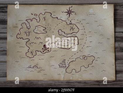 Vecchia mappa del tesoro. Una mappa dei pirati su un turno sul tavolo. Foto Stock