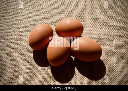Uova su sacco marrone su sfondo scuro Foto Stock
