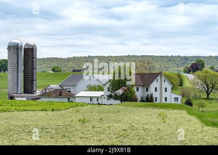 Fattoria Amish con un fienile bianco lavato e vestiti che asciugano su clothesline. Foto Stock