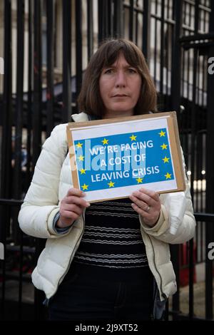 Londra, Regno Unito. 25 maggio 2022. Una protesta femminile dello Stand of Defiance European Movement (SODEM) ha apposto un cartello fuori Downing Street che afferma "stiamo affrontando un costo di uscita dalla crisi”, riferendosi al crescente costo della vita nel paese come conseguenza della Brexit. Credit: Kiki Streitberger/Alamy Live News Foto Stock
