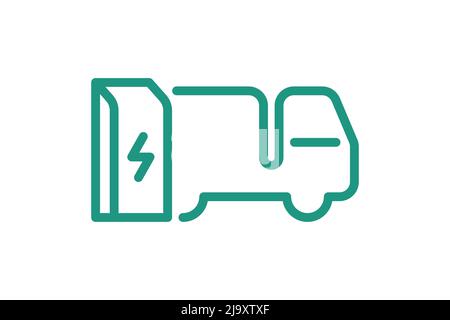 Icona lineare di carica del carrello elettrico nella stazione di carica. Simbolo verde di carica dell'energia del camion elettrico. Cartello di ricarica elettronica eco-compatibile. Logo eps per il trasporto EV alimentato da batteria vettoriale Illustrazione Vettoriale