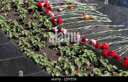 Memoriale commemorativo. Posa dei fiori al fuoco eterno. Omaggio alla memoria dei soldati caduti. Fiori e un saldatore per soldati. Foto Stock