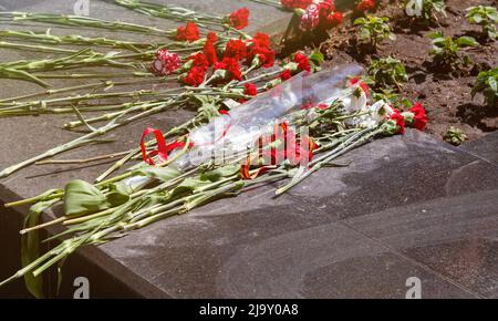 Memoriale commemorativo. Posa dei fiori al fuoco eterno. Omaggio alla memoria dei soldati caduti. Fiori e un saldatore per soldati. Foto Stock