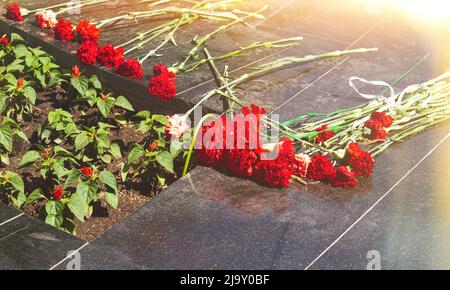 Memoriale commemorativo. Posa dei fiori al fuoco eterno. Omaggio alla memoria dei soldati caduti. Fiori e un saldatore per soldati. Foto Stock