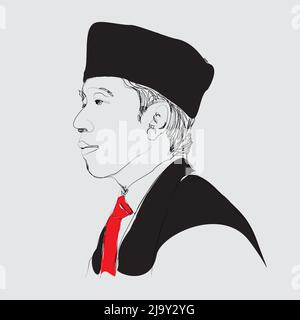 Disegno bianco e nero a mano libera del settimo presidente della repubblica di Indonesia. Disegno vettoriale di Djoko Widodo Illustrazione Vettoriale