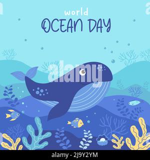 Carino balena blu, pesce e coralli. Giornata Mondiale dell'Oceano 8 giugno. Poster quadrato tropicale con paesaggio di mondo sottomarino e animali marini. Vettore illustraz Illustrazione Vettoriale