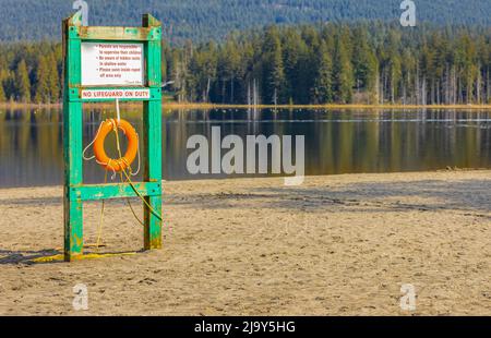 Attrezzatura di sicurezza, salvagente o boa di salvataggio appesi sulla tavola. Salvagente rosso su una superficie di legno vicino al lago. Foto di viaggio, nessuno, fuoco selettivo Foto Stock