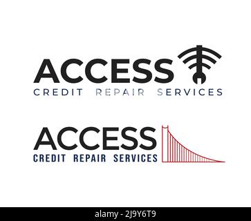 Design aziendale unico accesso Credit Repair Services logo. Half-bridge rosso con accesso credito riparazione servizio tipografia testo illustrazione vettoriale. Illustrazione Vettoriale