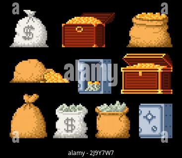 borsa di denaro a 8 bit pixel, monete d'oro, cassa del tesoro e volta, risorsa vettoriale di gioco. Icone di arte del pixel del sacchetto d'oro e contanti del dollaro nella volta della banca, tesoro delle monete d'oro del cartone animato per il gioco arcade 8bit Illustrazione Vettoriale
