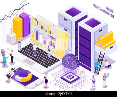 Automazione dei processi robotica composizione isometrica con pochi caratteri umani e immagini dell'area di lavoro dell'ufficio elementi essenziali illustrazione vettoriale Illustrazione Vettoriale