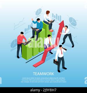 Lavoro di squadra efficiente collaborazione simboli composizione isometrica con i membri del team che lavorano insieme tenendo in mano la composizione vettoriale freccia rossa Illustrazione Vettoriale