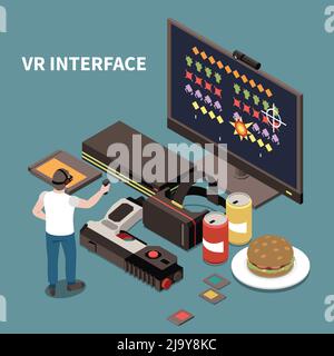 Persone e interfacce poster isometrico con l'uomo che indossa occhiali di realtà virtuale e utilizzando il controller per l'illustrazione vettoriale di gioco Illustrazione Vettoriale