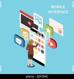 Design isometrico dell'interfaccia mobile con segni e icone delle app musicali di chat video e-mail sullo schermo dello smartphone illustrazione vettoriale Illustrazione Vettoriale