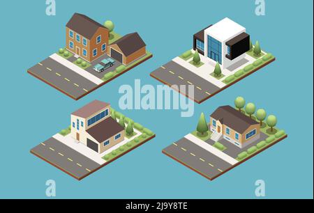 Insieme di quattro composizioni isometriche che rappresentano vari progetti di costruzione suburbana e illustrazione vettoriale cottage privato Illustrazione Vettoriale