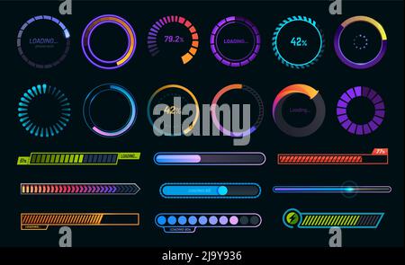 Caricamento delle barre di avanzamento, caricamento o download e caricamento di icone Web, grafici rotondi vettoriali. Caricatori circolari e barre di avanzamento di velocità, stato o percentuale del caricatore per il sito Web o la pagina Internet in gradiente neon Illustrazione Vettoriale