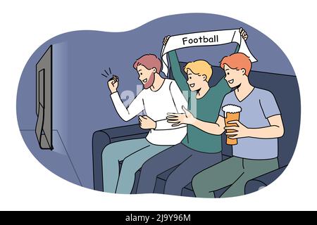 I ragazzi sorgioiati si siedono in pullman bevendo birra guardando il calcio in TV. Gli uomini felici godono di gioco di sport in televisione. Tifosi o tifosi che incoraggiano la squadra preferita. Illustrazione vettoriale. Illustrazione Vettoriale