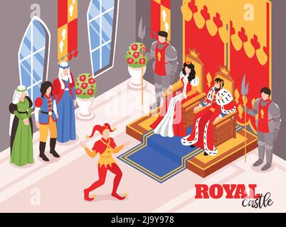 Castello isometrico reale re regina composizione interna interna con personaggi di cortigiani e corona persone illustrazione vettoriale Illustrazione Vettoriale