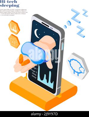 Concetto astratto e sfondo isometrico a colori e ad alta tecnologia per il sonno con illustrazione vettoriale Smart app Illustrazione Vettoriale