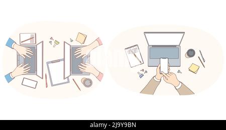 Lavorare con l'elettronica e gadget concetto. Le mani degli impiegati che scrivono i testi che fanno le presentazioni sui portatili, che chiamano sugli smartphone, che usano i tablet ed i calcolatori durante l'illustrazione di lavoro Illustrazione Vettoriale