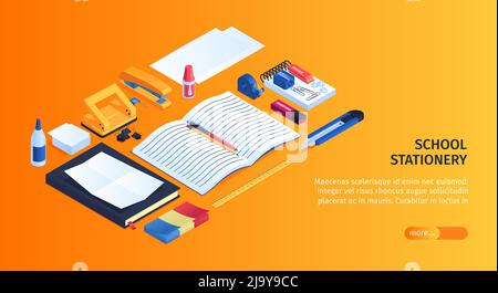Sfondo di cancelleria della scuola con copybook di gomma e illustrazione vettoriale isometrica di colla Illustrazione Vettoriale