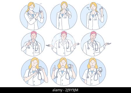 Sanità, medico, medicina, iniezione, esame medico concetto. Giovani uomini e donne dottori personaggi cartoni animati che mostrano segni e gesti diversi con le mani, tenendo la siringa e vaso esame medico Illustrazione Vettoriale