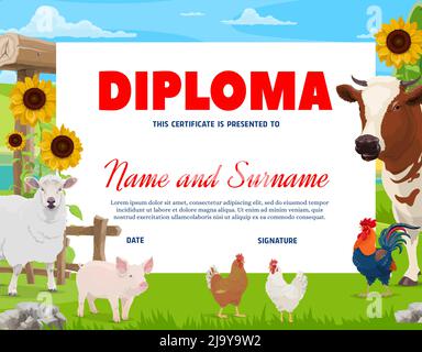 Farmer diploma cartoon animali da fattoria sul prato. Certificato vettoriale con mucca e pecora, maiale e pollo di pollo con gallo in villaggio o ranch. Conseguimento o diploma di premiazione agricola Illustrazione Vettoriale