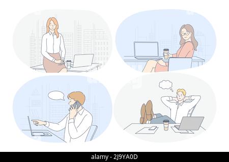 Lavorare in ufficio, laptop, interni moderni dell'azienda, startup, concetto di comunicazione online. Personaggi animati di giovani donne e uomini seduti sul posto di lavoro, lavorando su notebook, comunicando, pensando Illustrazione Vettoriale