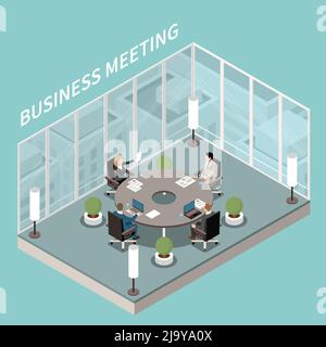 Azienda business Office sala riunioni interna composizione isometrica con tavolo rotondo tavolo discussione pareti in vetro illustrazione vettoriale Illustrazione Vettoriale