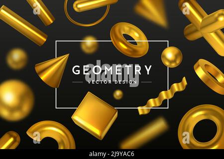 Forme geometriche realistiche sfondo nero con composizione di testo modificabile nella cornice e nell'illustrazione vettoriale dei corpi geometrici dorati Illustrazione Vettoriale