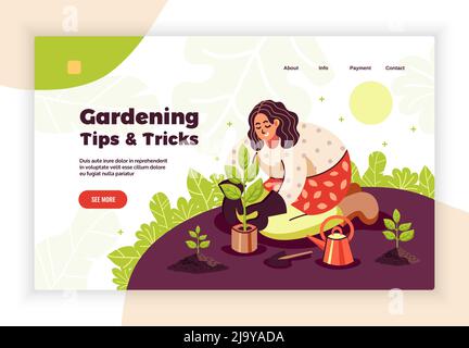 Hobby concetto banner imparando consigli e trucchi per il giardinaggio online con le donne che piantano piantine in suolo vettore illustrazione Illustrazione Vettoriale