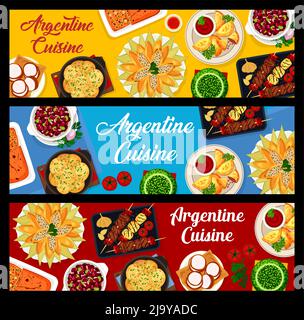 Cucina argentina, piatti argentini e banner vettoriali menu ristorante. Tradizionale argentina barbecue di carne salsicce grigliate, empanada e chimichurri, cucina dell'America Latina, piatti di cucina mondiale Illustrazione Vettoriale