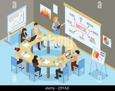 Composizione di sala di formazione aziendale isometrica con scenario di uffici interni e. gruppo di persone che imparano abilità di marketing illustrazione vettoriale Illustrazione Vettoriale