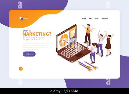 Strategia di marketing isometrica concetto sfondo banner per la landing page del sito web con immagini e pulsanti di collegamento cliccabili illustrazione vettoriale Illustrazione Vettoriale